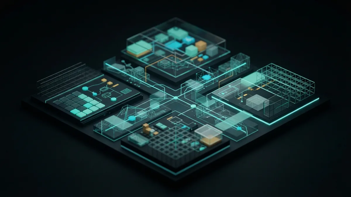 Three dark modular economic structures representing different national growth models