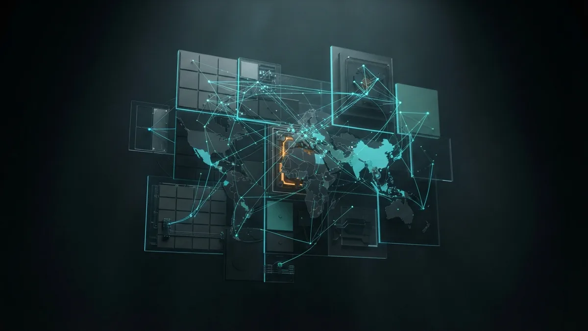 How economic monitoring connects countries Abstract node network linking dark panels to represent economic monitoring