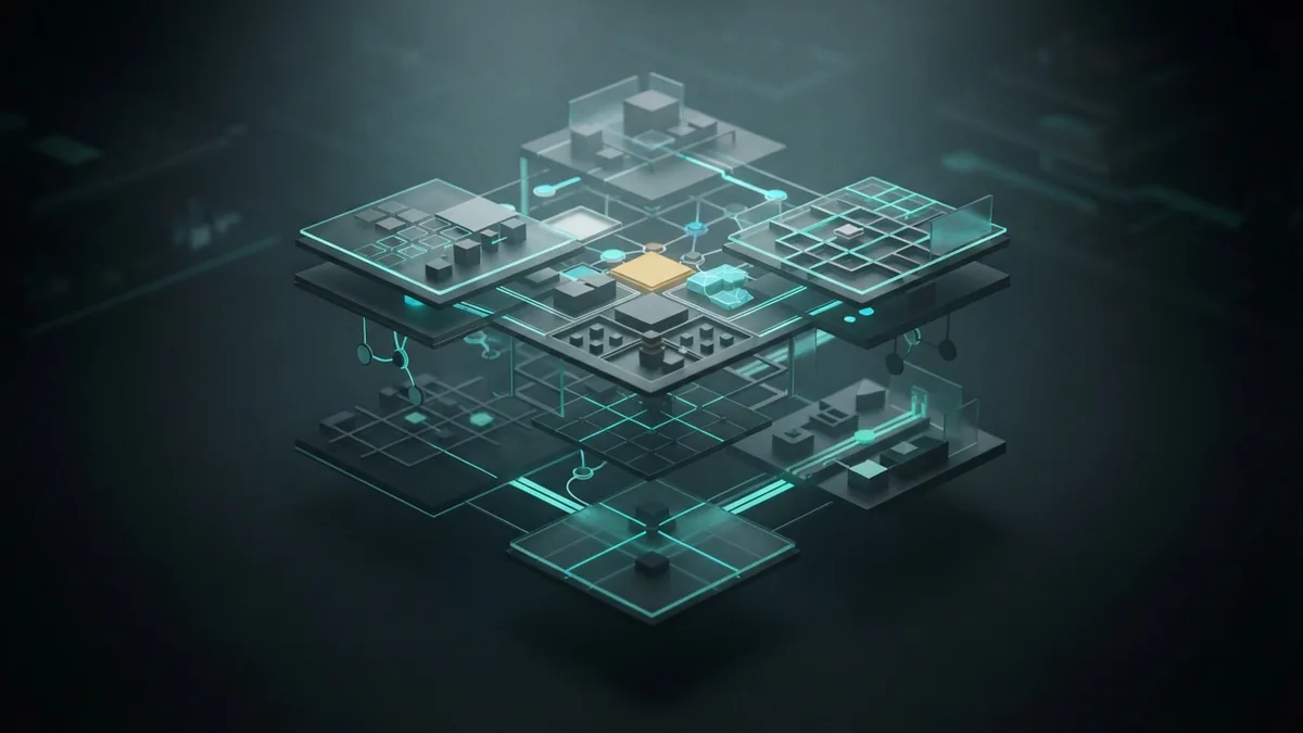 A structured system of shared governance Tiered dark lattice with connected glass forms representing shared governance