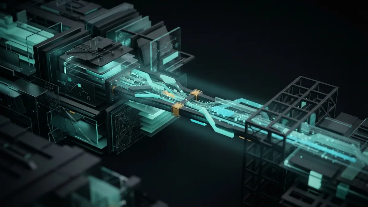 Teal light flowing between dark structures to represent financial support