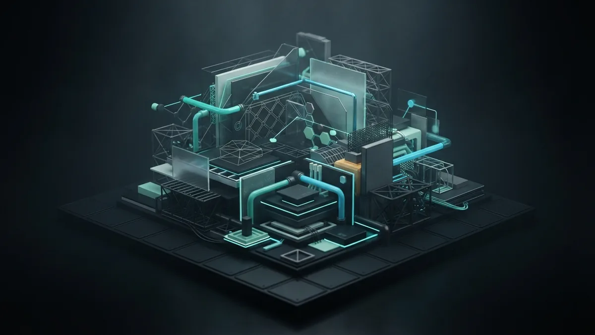 Abstract raw materials, consumer goods, and machinery arranged on a dark modular grid