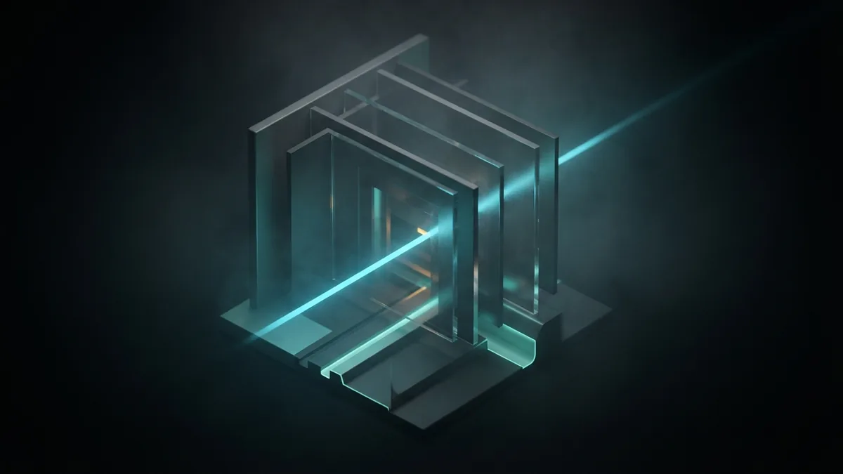 A model of orderly border checks Layered glass planes form a controlled border passage in a dark technical scene